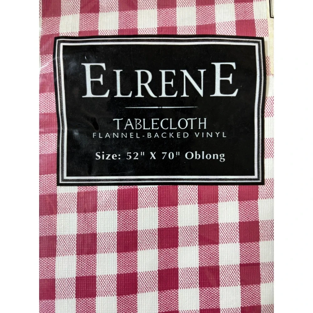 Vintage Elrene Raspberry Gingham Check Vinyl Tablecloth‎ 52x70 Oblong NOS 1999